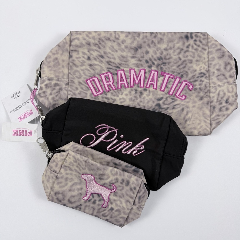 Victoria's Secret PINK Makeup Bag Trio Leo Haze Leopard Dramatic 3-Piece Set NWT
